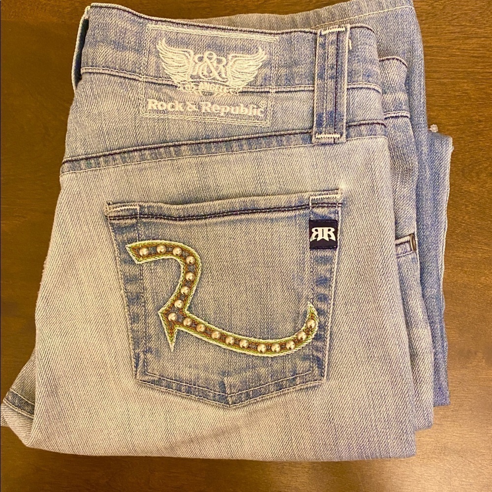 Rock & Republic 31 x 29 Button Fly Mens Jeans Straight Leg, Studs, Logo